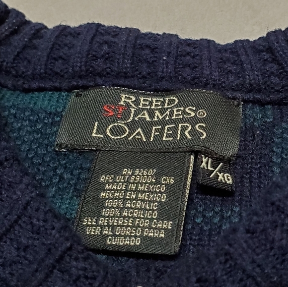 VINTAGE Reed St. James Loafers Turquoise Blue Plaid Printed Knit Sweater XL - Picture 11 of 11